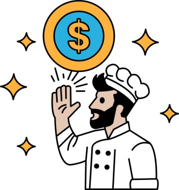 Bir şef elini kaldırıyor ve havada bir dolar işareti var. Şef gülümsüyor ve bir şey kutluyor.