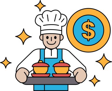 Bir şef yemek tabakları tutuyor ve arka planda bir dolar işareti var. Bir şefin kar etmek için çok çalışması kavramı