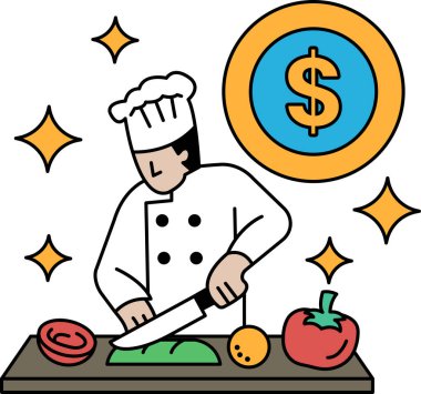 Bir şef kesme tahtasındaki sebzeleri kesiyor. Şef beyaz bir şapka ve önlük giyiyor. Sebzeler arasında bir havuç, bir domates ve bir elma var.