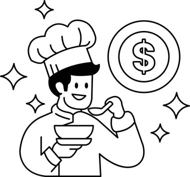 Bir şef çorba içiyor ve gülümsüyor. Arka planda bir dolar işareti var. Mutluluk ve memnuniyet kavramı, şef yemeğinin tadını çıkarırken