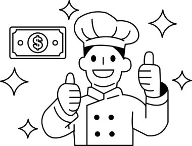 Bir şef bir dolarlık banknota onay veriyor. Şefin mutluluğunu parayla ifade ettiği gibi, onay ve memnuniyet kavramı. Dolar banknotları ön planda.