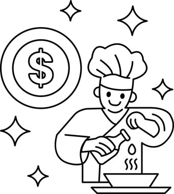 Bir şef yemek pişiriyor ve arka planda bir dolar işareti var. Şef gülümsüyor ve dolar işareti parlıyor.