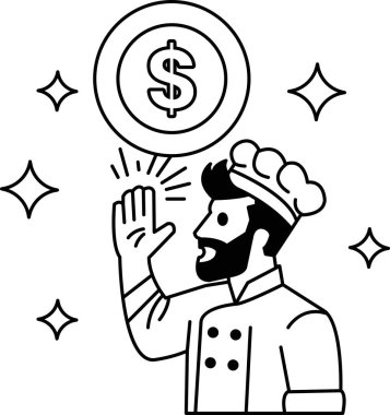 Bir şef elini kaldırıyor ve havada bir dolar işareti var. Şef gülümsüyor ve bir şey kutluyor.