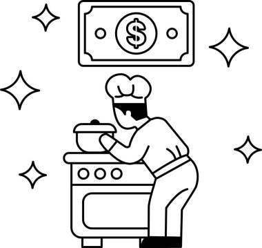 Bir şef arkasında bir dolar banknotuyla mutfakta yemek pişiriyor. Sıkı çalışma kavramı ve paranın değeri