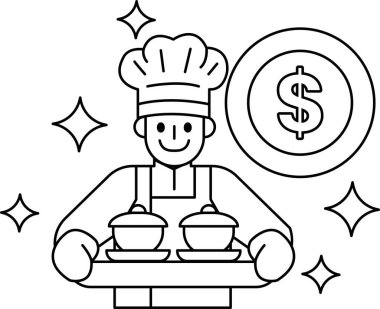 Bir şef yemek tabakları tutuyor ve arka planda bir dolar işareti var. Bir şefin kar etmek için çok çalışması kavramı