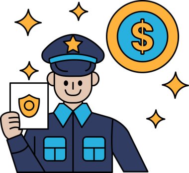 Rozet ve pasaport taşıyan üniformalı bir adam. Adam gülümsüyor ve pasaportu elinde tutuyor. Arka planda bir dolar işareti ve bir bozuk para var.