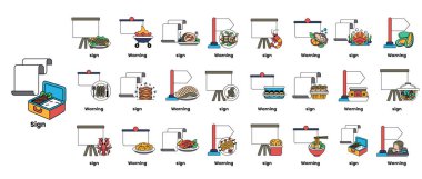 Çeşitli işaret ve sembollerle birlikte bir işaret gösterilir. İşaret bir uyarı işareti ve diğer işaretler yemek ve yemekle ilgili.