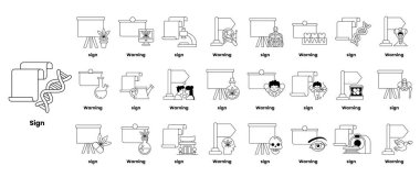 Bir sürü farklı sembol ve kelimenin olduğu bir tabela. İşaret siyah beyaz.