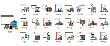 Resim, farklı iş ve görevleri temsil eden çizgi film karakterlerinin bir derlemesidir. Karakterler çeşitli stillerde ve renklerde çiziliyor ve ızgara benzeri bir desen içinde diziliyorlar.