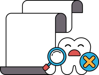 Bir diş, yanında bir büyüteç ile gösterilir. Dişin bir X 'i eksik. Negatif sonucun sembolü. Görüntü, diş sağlığının önemli olduğu fikrini aktarıyor.