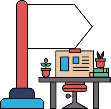 Masanın yanındaki direkte dizüstü bilgisayarı ve saksı bitkisi olan bir bayrak var. Bayrak sağı gösteriyor.