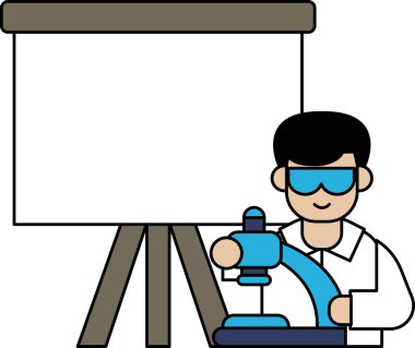 Laboratuvar önlüklü bir adam mikroskop tutuyor. Görüntü, elinde mikroskop tutan laboratuvar önlüklü bir adamın siyah beyaz çizimi.