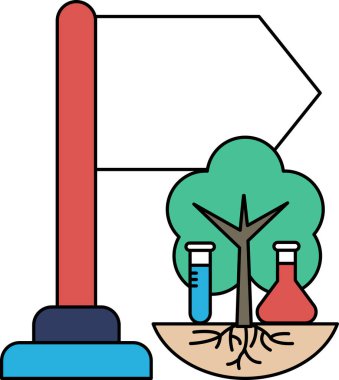 Üzerinde ağaç ve bayrak olan bir tabela. İşaret sağı gösteriyor. Ağaç deney tüpleri ve deney tüpleri de dahil olmak üzere bilimsel ekipmanlarla çevrili.