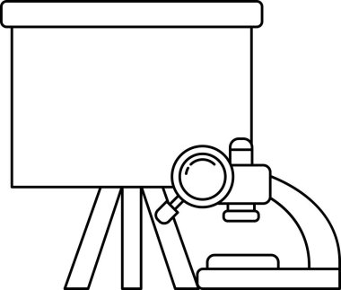 Mikroskobun siyah beyaz çizimi ve üzerinde büyüteç olan bir kaydırak. Mikroskop bir standın üzerinde ve kaydırak onun üzerinde. Çizim, bilimsel keşif fikrini aktarıyor.