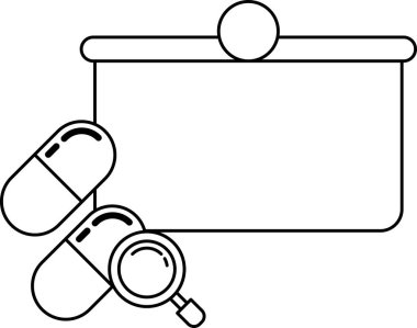 Beyaz arka planda bir ilaç şişesi ve bir büyüteç var. İlaç şişesi tıbbın sembolü ve büyüteç de soruşturmanın sembolü.