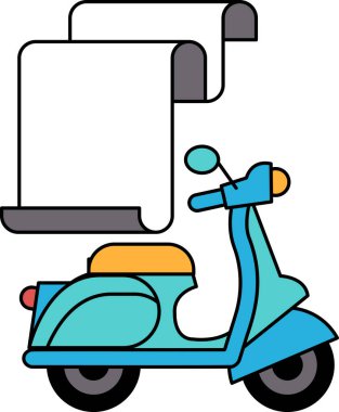 Üstünde bir parça kağıt olan bir scooter 'ın siyah beyaz çizimi. Kağıt katlandı ve o bir menü. Scooter yolun kenarına park edilmiş.