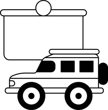 Üstünde bir tabela asılı olan siyah beyaz bir cip çizimi. İşaret büyük ve dikdörtgen şeklinde.