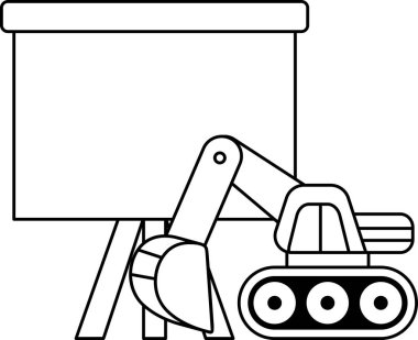 Önünde büyük bir delik olan büyük bir inşaat aracının siyah beyaz çizimi. Araç büyük beyaz bir tahtanın yanına yerleştirildi.