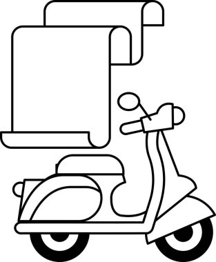 Üstünde bir parça kağıt olan bir scooter 'ın siyah beyaz çizimi. Kağıt katlandı ve o bir menü. Scooter yolun kenarına park edilmiş.