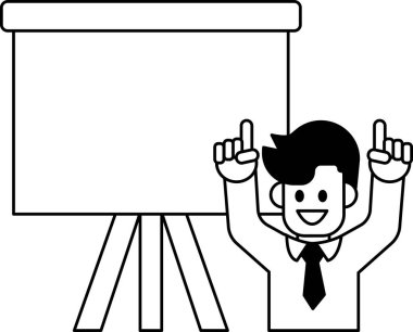 Elleri havada beyaz bir tahtanın önünde duran bir adam var. Gülümsüyor ve ya heyecanlı ya da mutlu. Olumlu düşünce ve coşku