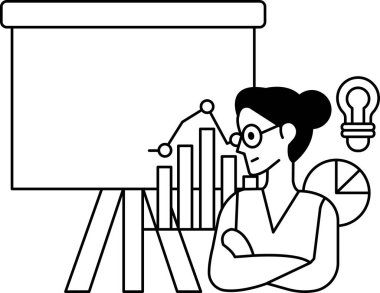 Beyaz bir panonun önünde üzerinde bir grafik olan bir kadın duruyor. Gözlük takıyor ve düşünüyor.