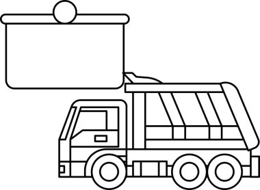 Üzerinde tabela olan bir çöp kamyonunun siyah beyaz çizimi. Sahne basit ve basit.