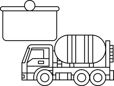 Bir çimento kamyonunun siyah beyaz çizimi. Kamyon büyük bir konteynırın yanına park edilmiş.