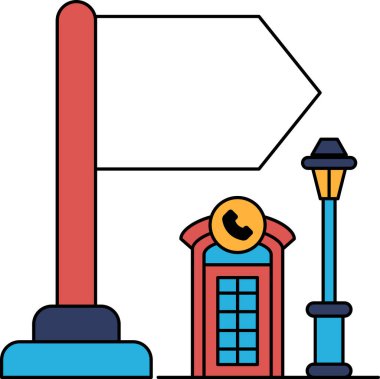 Telefon kulübesi ve arka planda bayrak olan bir sokak tabelası. Sokak tabelası telefon kulübesini gösteriyor. Bu da insanların telefon görüşmesi yapacakları yerin orası olduğunu gösteriyor.