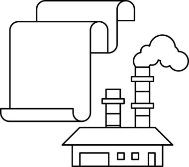 Arka planda büyük bir kağıt parçası olan bir fabrikanın siyah beyaz çizimi. Kağıt bir binanın tepesinde ve rüzgar tarafından uçuruluyor. Fabrika duman ve buhar yayıyor.