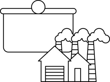 Siyah beyaz bir ev, bir fabrika ve projektör ekranı. Sahne endüstriyel ve modern.