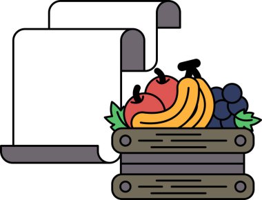 Bir sepet meyve ve sebzenin siyah beyaz çizimi. Sepet bir kağıt parçasının üzerinde.