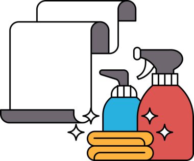 Sprey şişenin beyaz ve siyah çizimi ve bir rulo kağıt havlu. Sprey şişesi kağıt havlunun sağ tarafında.