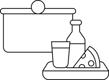 Basit bir pizza çizimi, bir bardak süt ve bir şişe meyve suyu. Pizza bir tepsiye konur ve cam ve şişe onun yanındadır. Çizim siyah beyaz.
