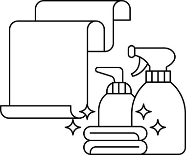 Sprey şişenin beyaz ve siyah çizimi ve bir rulo kağıt havlu. Sprey şişesi kağıt havlunun sağ tarafında.