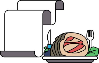 Üzerinde çatal ve bıçak olan bir tabak yemek bir kağıt parçasının yanında, masanın üzerinde duruyor.