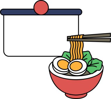 İçinde çubuk olan bir kase erişte. Kase erişte ve yumurtalarla dolu.