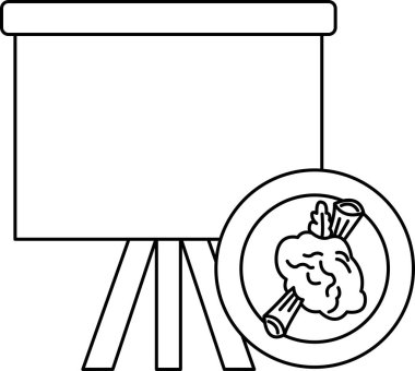 İçinde beyin resmi ve bir tabak yemek olan beyaz bir tahta. Tahta tezgahta, tabak da masanın üstünde.