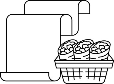 Üzerinde parşömen çizimi olan bir kağıt parçasıyla bir sepet yemeğin beyaz ve siyah çizimi.