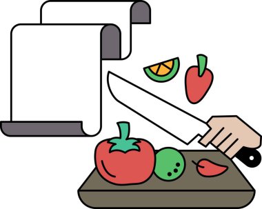 Bir adam kesme tahtasında sebze kesiyor. Sebzeler arasında bir domates, bir portakal ve bir biber var. Yemek hazırlama kavramı ve taze malzemeler kullanmanın önemini vurgular.