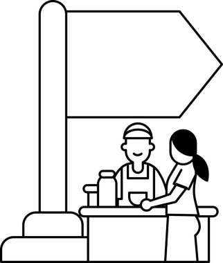 Bir adam ve bir kadın bir tabelanın önünde duruyorlar. Adam gülümsüyor ve kadın elinde bir bardak tutuyor.