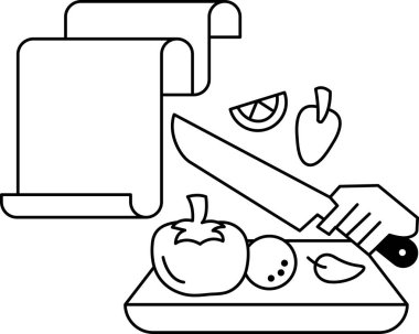 Bir adam kesme tahtasında sebze kesiyor. Sebzeler arasında bir domates, bir portakal ve bir biber var. Yemek hazırlama kavramı ve taze malzemeler kullanmanın önemini vurgular.