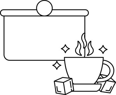 Buz küplü bir fincan kahvenin siyah çizgisi ve projektör ekranının beyaz çizgisi olan beyaz bir arkaplan.