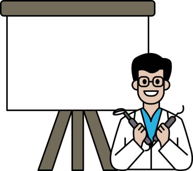 Bir adam bir çift diş aletini tutuyor ve boş beyaz bir tahtanın önünde gülümsüyor. Diş hekimi ya da diş hekimi mesleği öğretimi ya da uygun diş bakımı teknikleri gösterilmesi