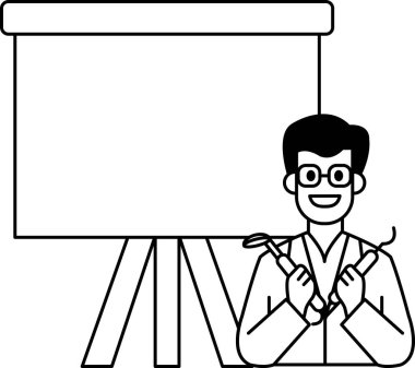 Bir adam bir çift diş aletini tutuyor ve boş beyaz bir tahtanın önünde gülümsüyor. Diş hekimi ya da diş hekimi mesleği öğretimi ya da uygun diş bakımı teknikleri gösterilmesi