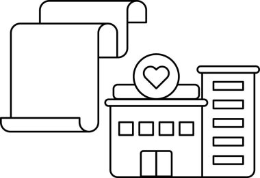 Üzerinde kalp olan bir bina ve üzerinde bir kelime olan bir kağıt parçası. Bina bir hastane.