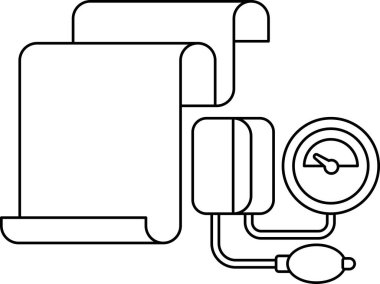 Tansiyon aletinin siyah beyaz çizimi ve bir kağıt parçası. Kağıt katlanmış ve üzerinde cetvel var.