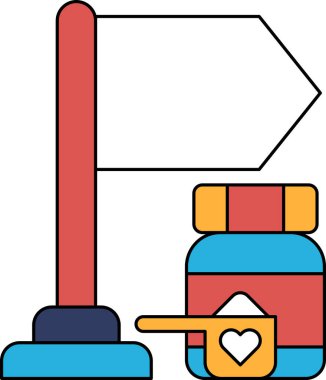 İçinde kalp ve ilaç şişesi olan bir tabela ilaç şişesini gösteriyor. İşaret, kişinin sağlığı için ilaç almasının önemini ifade etmek içindir.