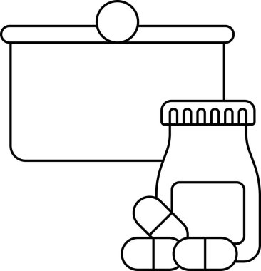 İçinde bir kavanoz hap ve bir tabela olan bir ilaç dolabının beyaz ve siyah çizimi. İlaç kavanozu görüntünün sağ tarafında ve tabela da sol tarafında.