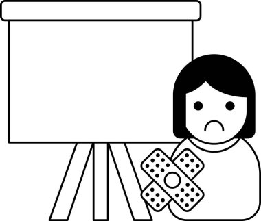 Bir kız bandaj tutuyor ve beyaz bir tahtanın önünde duruyor. Tahta boş ama kız üzgün.