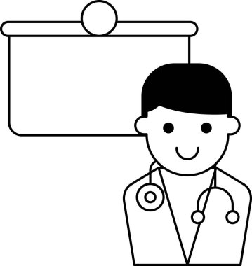 Beyaz önlüklü bir adam gülümsüyor ve beyaz bir tahtanın önünde duruyor. Tahtanın üzerinde boş bir alan var, bu bir sunum ya da işaret olabilir.